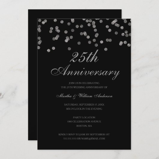 Black & Silver Confetti 25. Hochzeitstag Einladung (Vorne/Hinten)