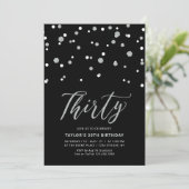 Black & Silver Confetti 30. Geburtstag Party Einladung (Stehend Vorderseite)
