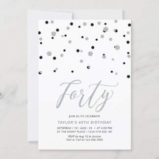 Black & Silver Confetti 40. Geburtstag Party Einladung