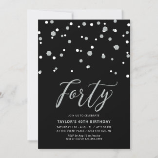 Black & Silver Confetti 40. Geburtstag Party Einladung