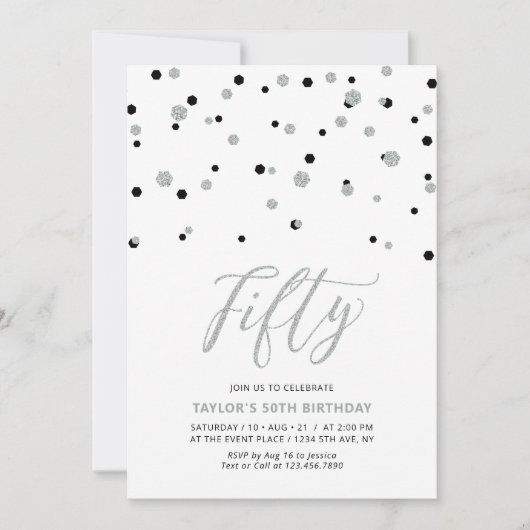 Black & Silver Confetti 50. Geburtstagsparty Einladung (Vorderseite)
