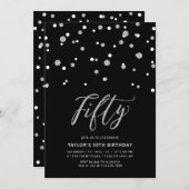 Black & Silver Confetti 50. Geburtstagsparty Einladung (Vorne/Hinten)