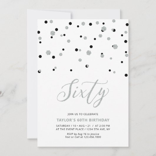 Black & Silver Confetti 60. Geburtstagsparty Einladung (Vorderseite)