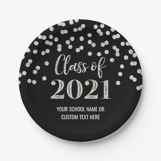Black Silver Confetti Abschluss 2021 Pappteller (Vorderseite)
