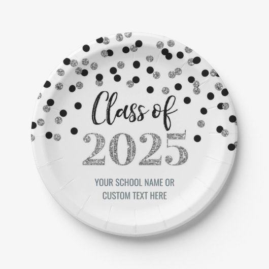 Black Silver Confetti Abschluss 2025 Pappteller (Vorderseite)