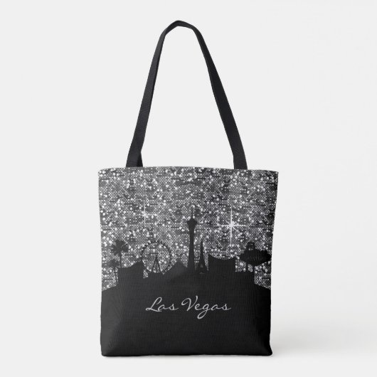 Black & Silver Confetti Glitzer Las Vegas Skyline Tasche (Rückseite)