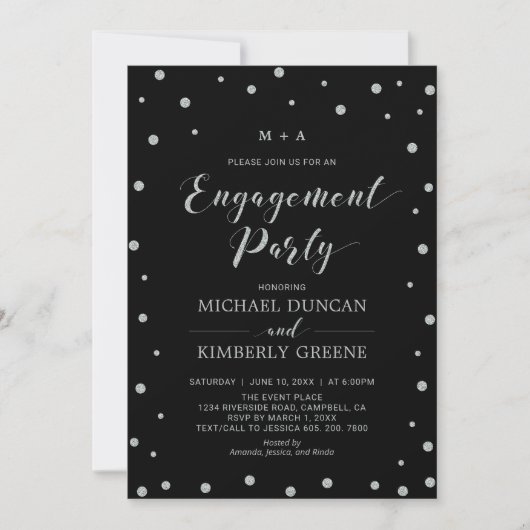 Black & Silver Confetti | Moderne Engagement-Parte Einladung (Vorderseite)