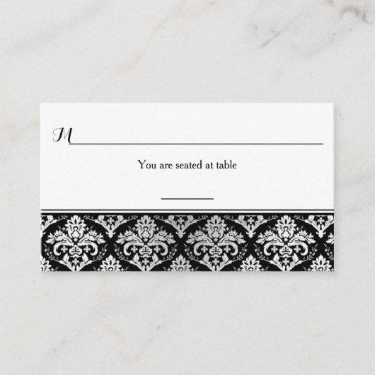 Black Silver Damask Platzkarte und Gefältmarke (Vorderseite)