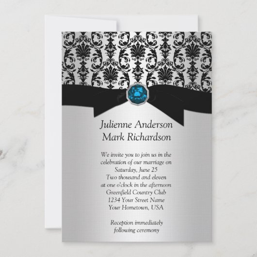 Black Silver Damask Türkis Hochzeitsempfang Einladung (Vorderseite)