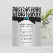 Black Silver Damask Türkis Hochzeitsempfang Einladung (Stehend Vorderseite)