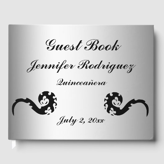 Black Silver Dancing Dragon Quinceañera Gästebuch (Vorderseite)