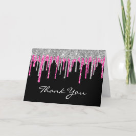 Black Silver Deep Pink Glitzer Tropfen Quinceañera Dankeskarte