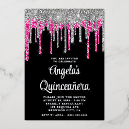 Black Silver Deep Pink Glitzer Tropfen Quinceañera Folieneinladung