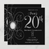 Black & Silver Diamond 20 Geburtstagsparty Einladung (Vorne/Hinten)