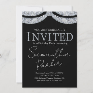 Black Silver Diamond Glam Elegant Birthday Einladung