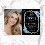 Black Silver Dusty Blue Foto 50. Geburtstag Einladung<br><div class="desc">Elegante Blumenladen zum 50. Geburtstag mit Ihrem Foto. Glam schwarz staubige hellblaue Design mit Imitaten Glitzer silber. Enthält blaue Rose,  Skript-Schriftart und Konfetti. Ideal für ein stilvolles Party für Erwachsene. Personalisieren Sie Ihre persönlichen Daten. Kann für jedes Alter angepasst werden! Gedruckte Zazzle Einladungen oder Sofortdownload digitalen druckbaren Vorlage.</div>