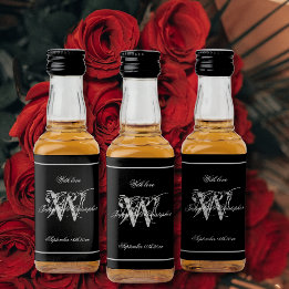 Black & Silver elegante Monogram Chic Wedding Mini Alkoholflaschenetikett