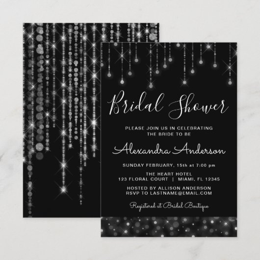 Black Silver Elegantes String Lights Brautparty Einladung (Vorne/Hinten)