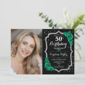 Black Silver Emerald Green Foto 50. Geburtstag Einladung (Stehend Vorderseite)