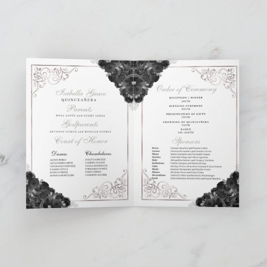 Black & Silver Floral Tiara Quinceanera Programm (Innenseite)