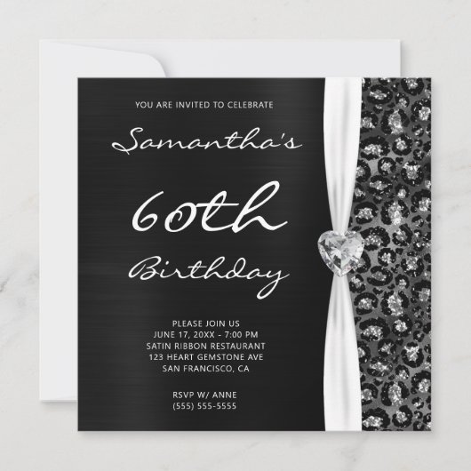 Black Silver Foil Glitzer Leopard Glam Geburtstag Einladung (Vorderseite)