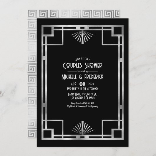 Black & Silver Gatsby Art Deco Couples Shower Einladung (Vorne/Hinten)