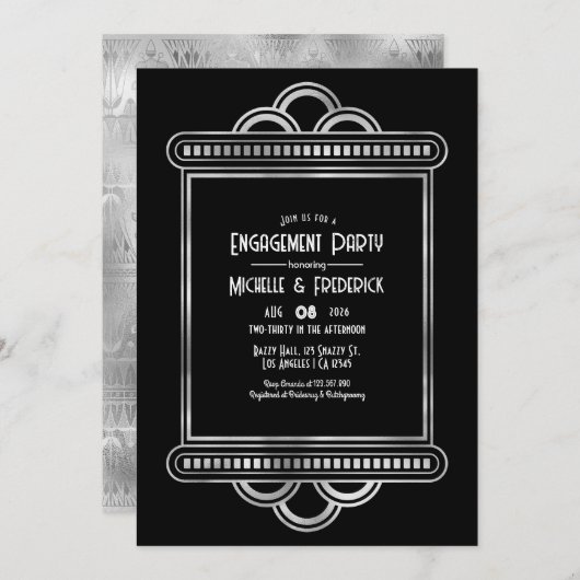 Black & Silver Gatsby Art Deco Engagement Party Einladung (Vorne/Hinten)