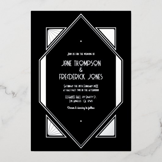 Black & Silver Gatsby Art Deco Wedding Folieneinladung (Vorderseite)