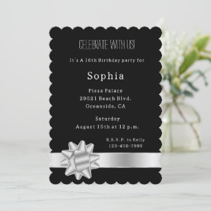 Black Silver Glam Ribbon und Bow Birthday Einladung
