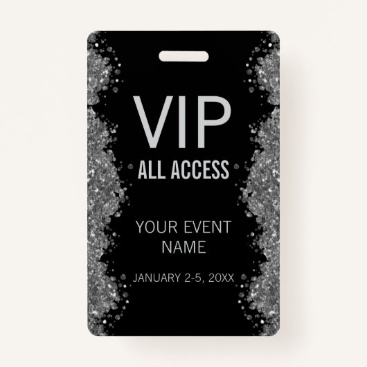 Black Silver Glitter Event VIP All Access Pass ID Ausweis (Vorderseite)