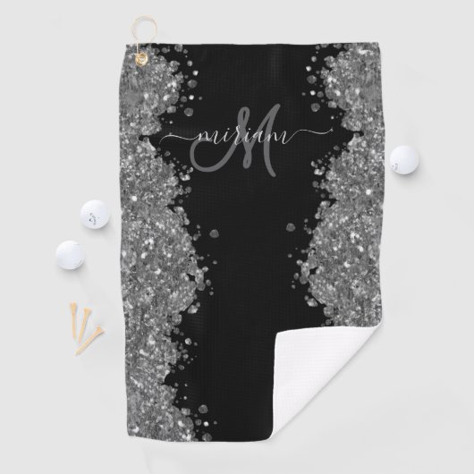 Black Silver Glitter Grey Modern Monogram Golfhandtuch (Insitu)