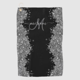 Black Silver Glitter Grey Modern Monogram Golfhandtuch