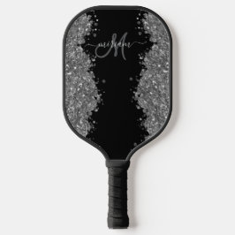 Black Silver Glitter Grey Modern Monogram Pickleball Schläger