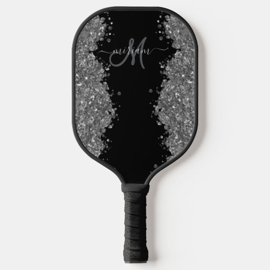Black Silver Glitter Grey Modern Monogram Pickleball Schläger (Vorderseite)