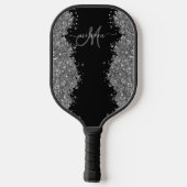 Black Silver Glitter Grey Modern Monogram Pickleball Schläger (Rückseite)