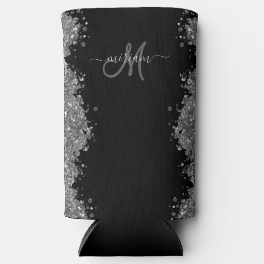 Black Silver Glitter Grey Modern Monogram Selters Dosenkühler (Vorderseite)