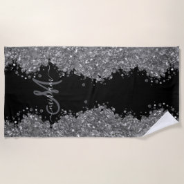 Black Silver Glitter Grey Modern Monogram Strandtuch