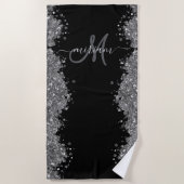 Black Silver Glitter Grey Modern Monogram Strandtuch (Vorderseite)