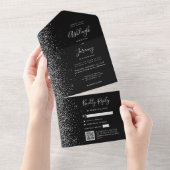 Black Silver Glitter QR Code Wedding All In One Einladung (Abreißen)
