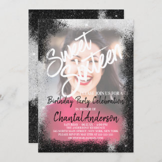 Black Silver Glitzer Border Foto 16 . Geburtstag Einladung