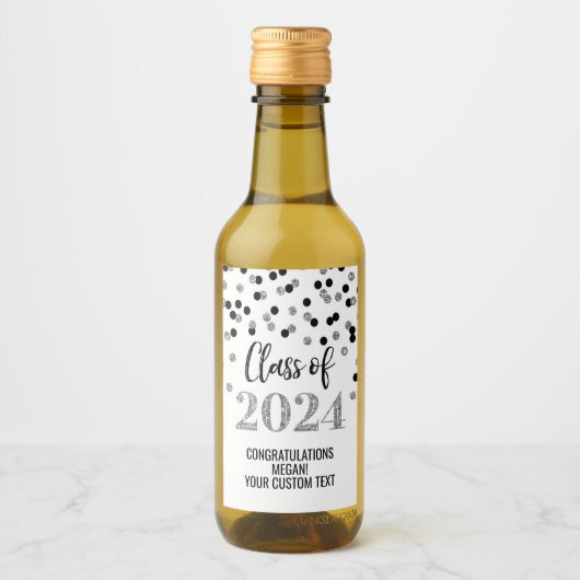 Black Silver Glitzer Confetti Abschluss Weinetikett (Vorderseite)