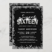 Black Silver Glitzer Diamond Sweet 16 Sechzehn Einladung (Vorne/Hinten)