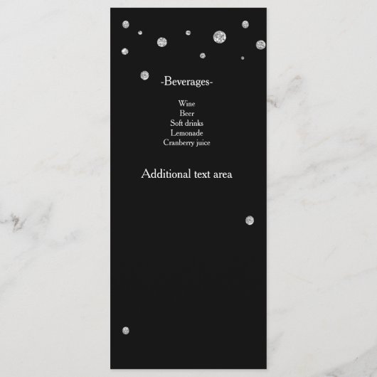 Black & Silver Glitzer Dots Elegantes Hochzeitsmen Menükarte (Rückseite)