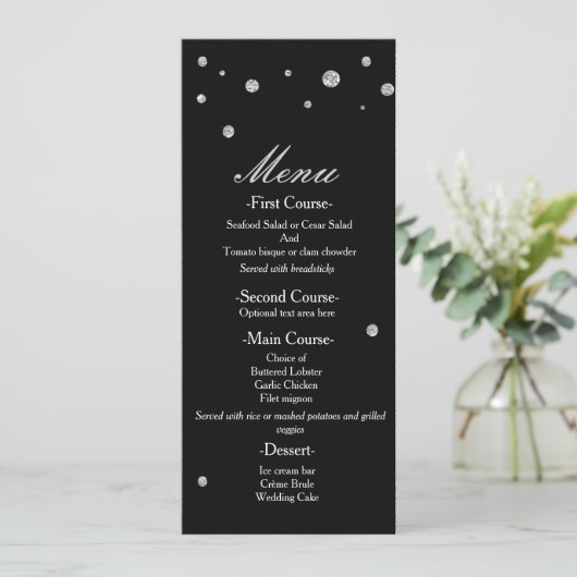 Black & Silver Glitzer Dots Elegantes Hochzeitsmen Menükarte (Stehend Vorderseite)