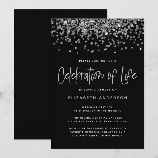Black Silver Glitzer Feier des Lebens Einladung (Vorne/Hinten)