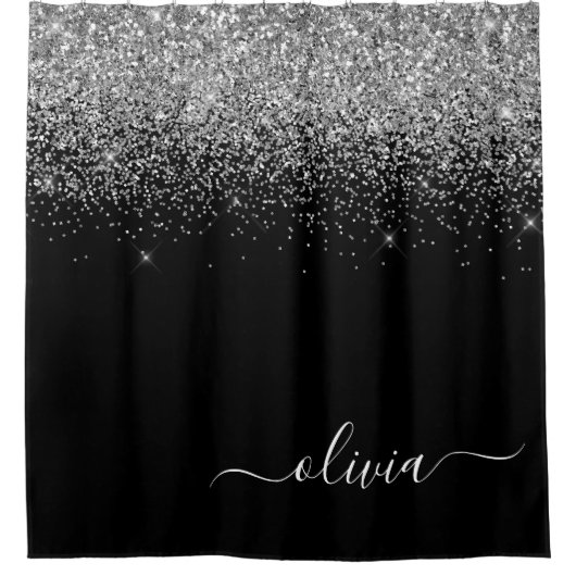 Black Silver Glitzer Girly Monogram Name Badezimme Duschvorhang (Vorderseite)