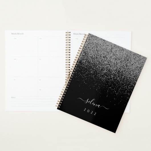 Black Silver Glitzer Girly Monogram Planer (Anzeige)