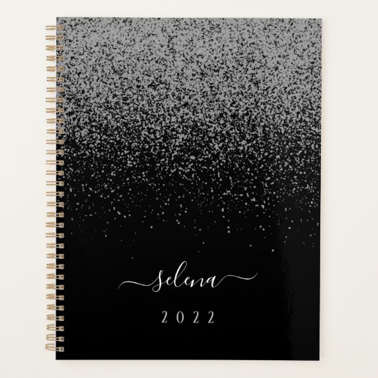 Black Silver Glitzer Girly Monogram Planer (Vorderseite)