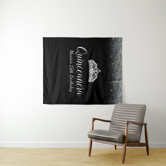 Black & Silver Glitzer|Hintergrund des Quinceanera Wandteppich (Beispiel (Horizontal))