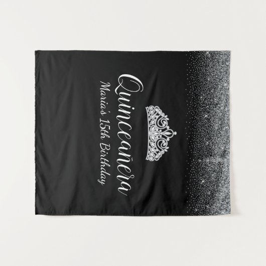 Black & Silver Glitzer|Hintergrund des Quinceanera Wandteppich (Vorderseite (Horizontal))